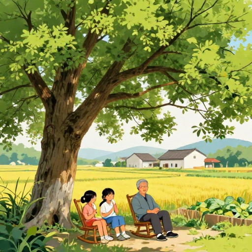 治愈乡村时光：高饱和香樟树下温馨家庭插画