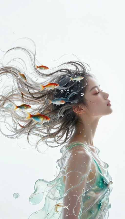 超现实流体少女：透明发丝中游动的梦幻小鱼
