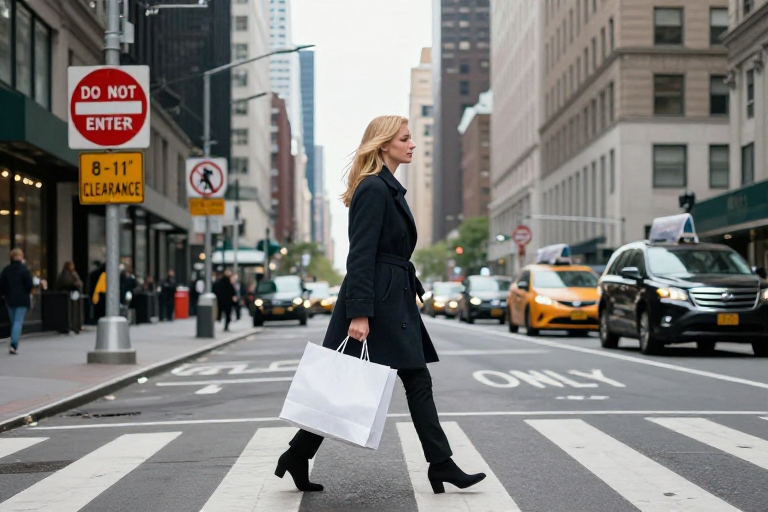 金发女子漫步纽约冷调街景 高清商业摄影