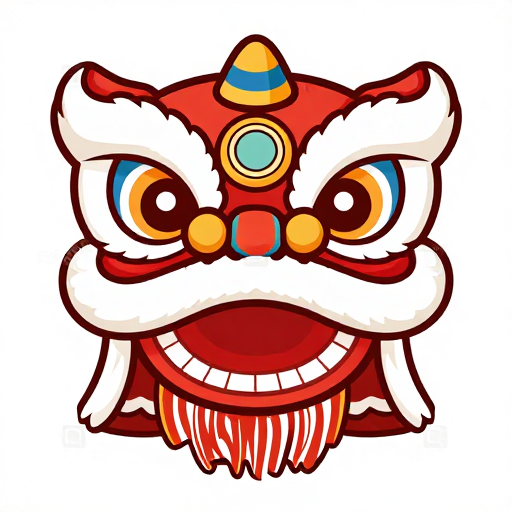 国潮醒狮设计：春节卡通狮子头装饰插图