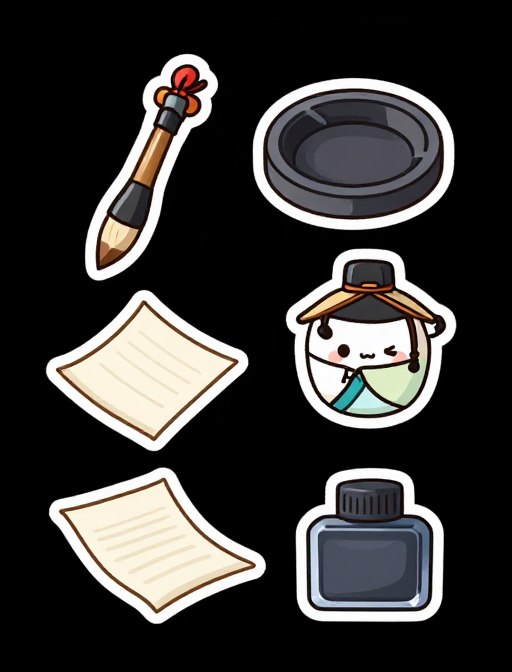 中国风Q版文房四宝卡通贴纸