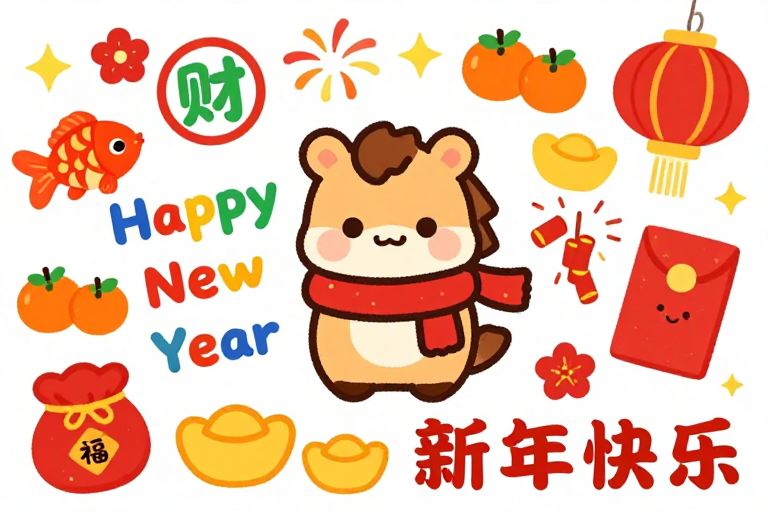 喜庆卡通小马春节插画
