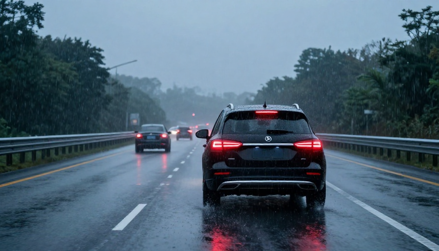 雨夜高速：黑色SUV尾灯与湿滑路面的冷调光影