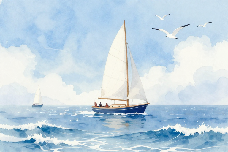 清新海景水彩插画：帆船破浪远航