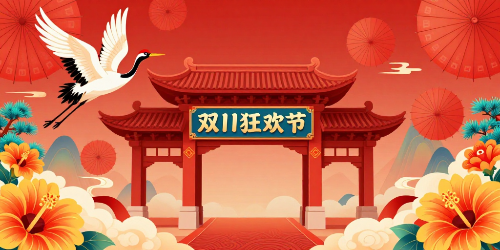 中国风暖红双11喜庆插画