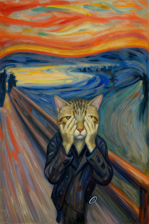 猫咪取代《呐喊》人物：荒诞压抑的艺术表达