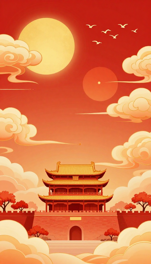 中国红金橙祥云楼阁吉祥图