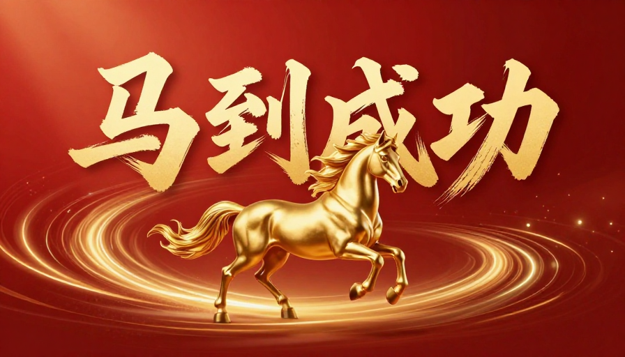 金骏腾飞 马到成功:红金渐变春节贺岁图