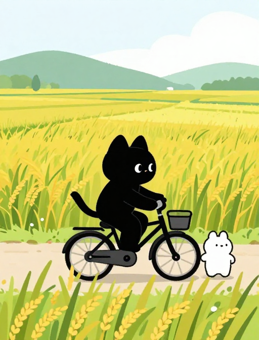简笔画治愈风：黑猫白熊骑行于鲜艳稻田