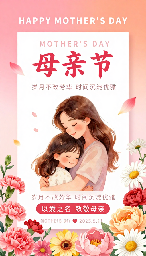 温暖母亲节海报，日系水彩插画传递母爱与时光之美
