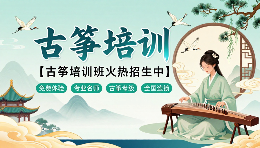 雅致水墨风古筝培训招新海报