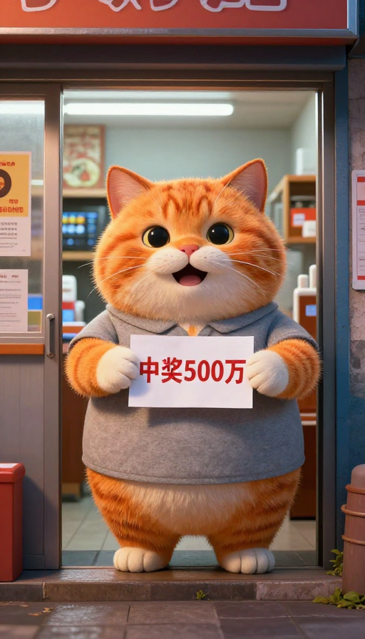 胖橘猫夜购彩票喜中五百万，实拍中奖瞬间