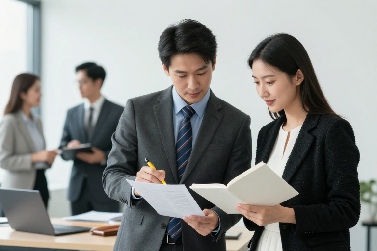 专业协作：亚洲男女精英在现代化办公室高效审阅文件