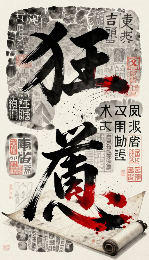 狂草水墨艺术：金石与漆器的动态交响