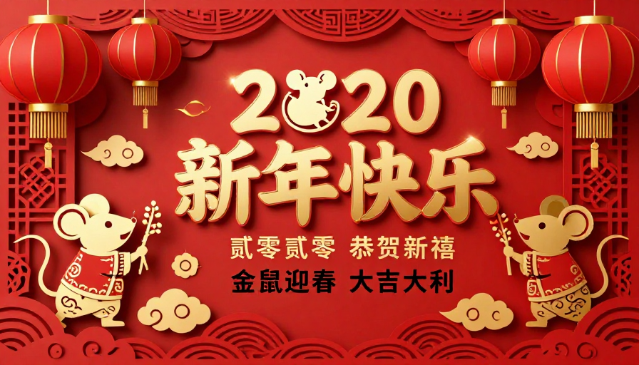 2020鼠年新春贺图:中国红金韵剪纸艺术海报