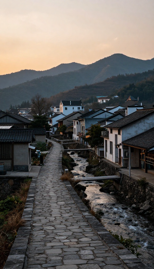 云雾山峦间的静谧村庄:石径蜿蜒通向远山