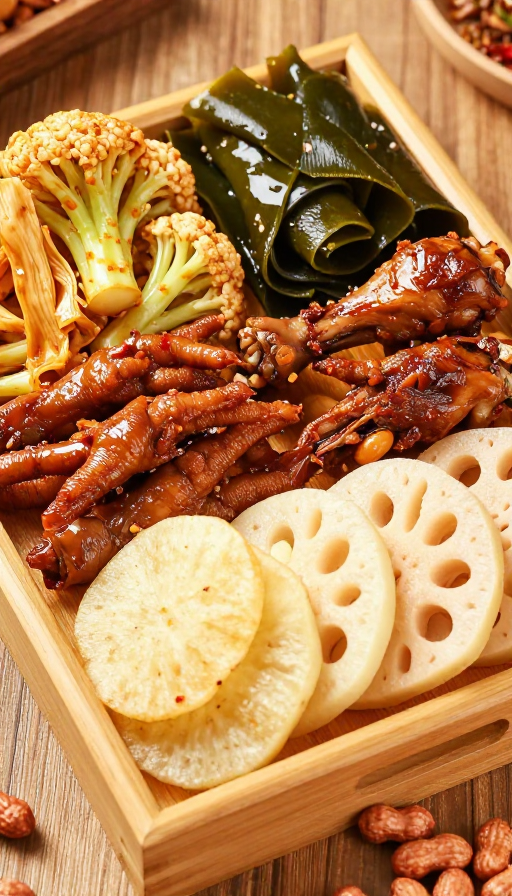 丰盈卤味拼盘:木质托盘盛放的美味卤菜与零食
