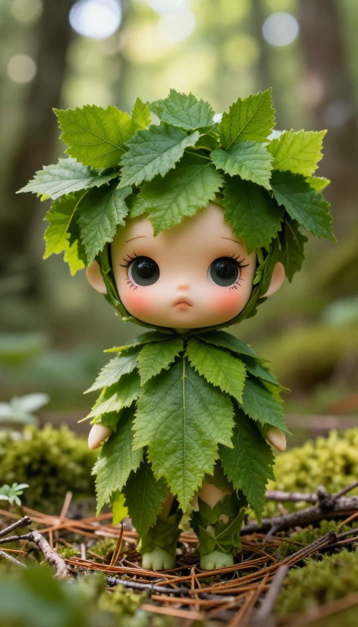 翠绿精灵娃娃：森林光影下的纯真梦境