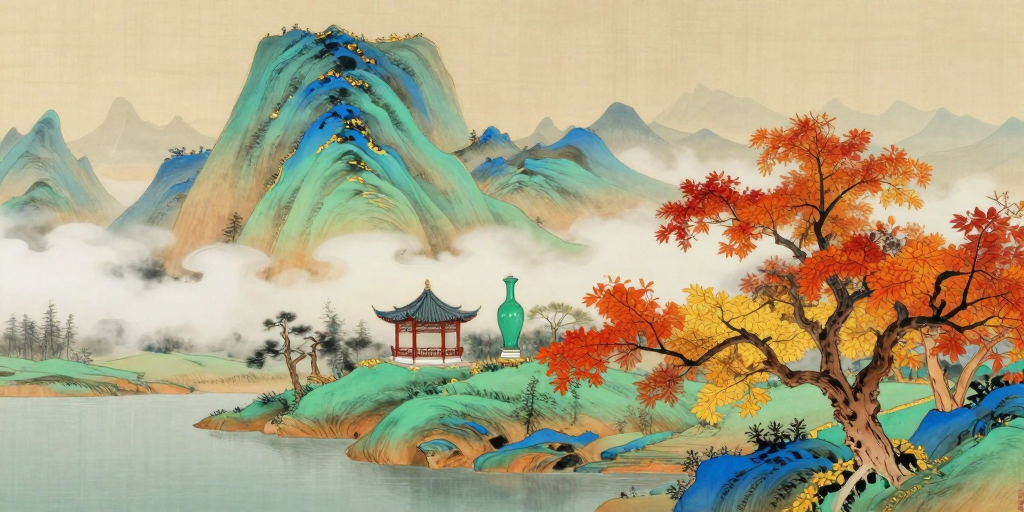 青绿秋色图卷·云雾中的东方建筑意境