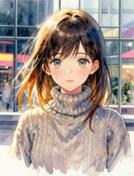 水彩厚涂少女半身像：丁达尔光晕与霓虹夜景交融