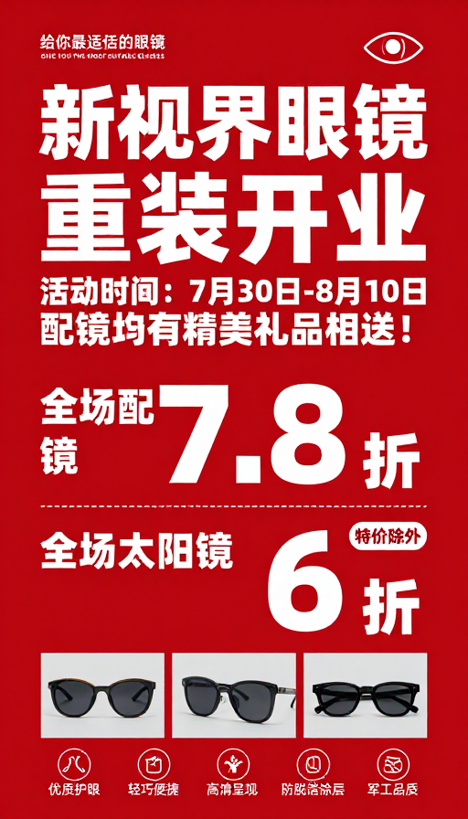 新视界眼镜重装开业促销海报：限时优惠
