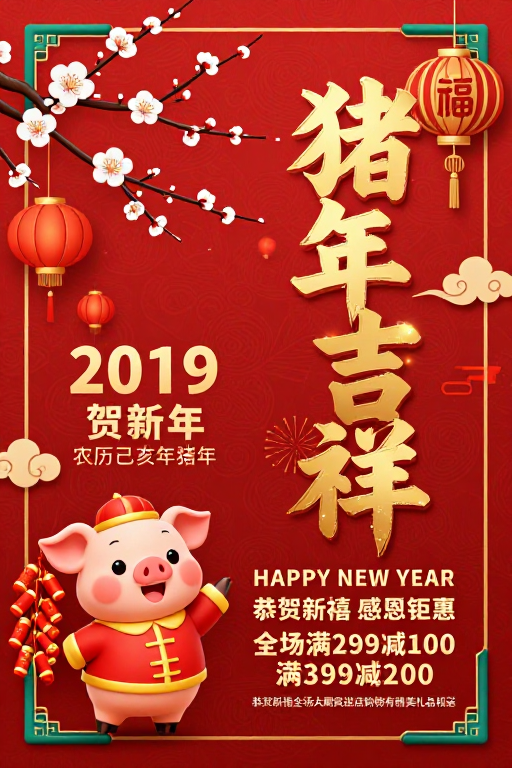 朱红金辉猪年海报：传统纹样与现代设计融合