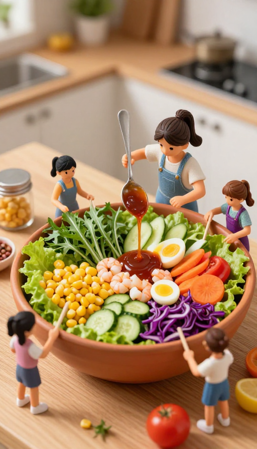 萌趣微缩：小人协作制作美味沙拉的温馨场景