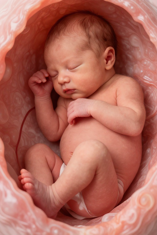 新生婴儿安睡于子宫，细腻肌肤与温暖光影