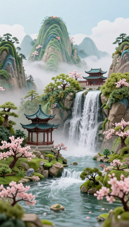 虚幻桃源：青翠仙山间的樱花秘境