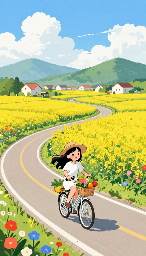 治愈田园：少女骑行在花海与乡间小路上
