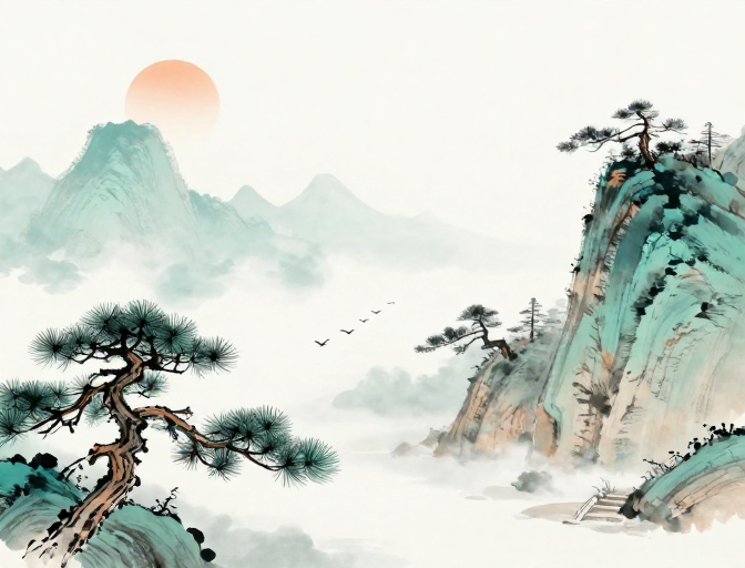 淡雅青绿水墨山水画卷,留白意境