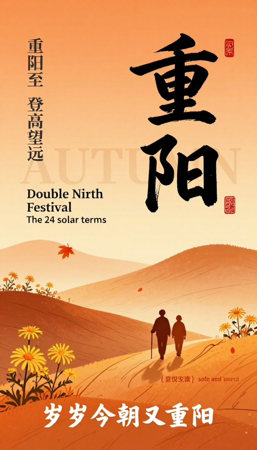 新中式重阳海报:金黄秋韵与墨色书香