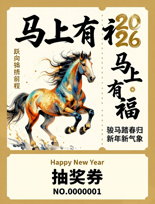 水墨骏马奔腾·中国风新年祈福抽奖券设计
