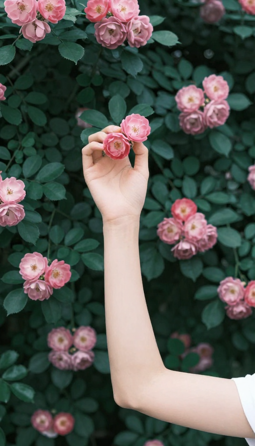 蔷薇花墙前,女子轻握双朵蔷薇