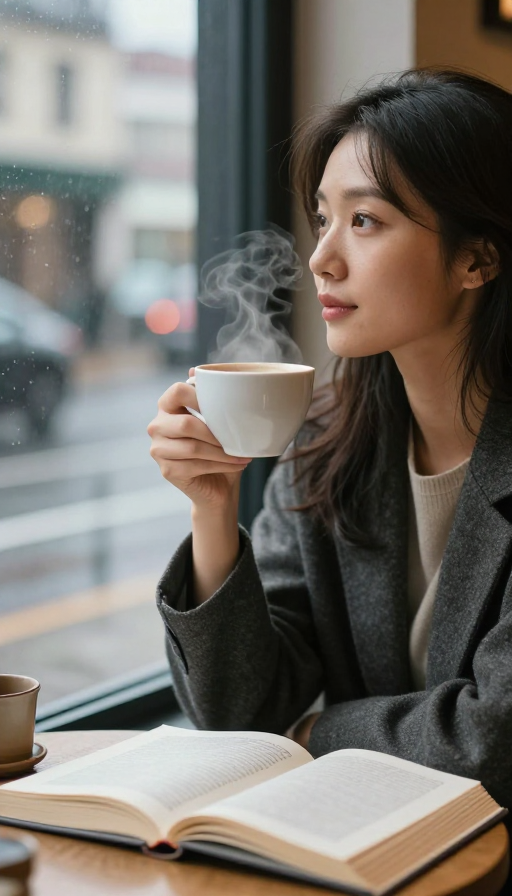 雨中的咖啡馆：女子的宁静时光