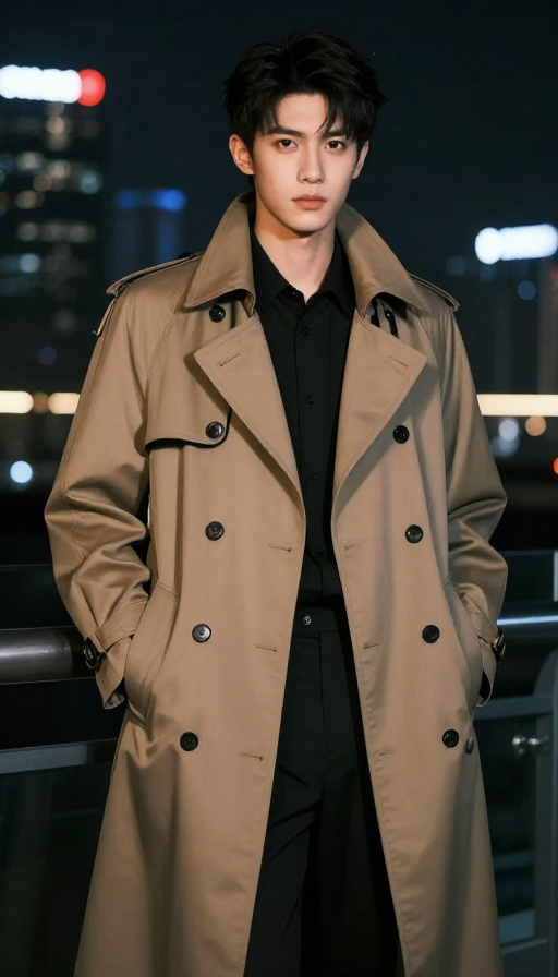 都市夜景中的高傲少年：时尚风衣与立体五官