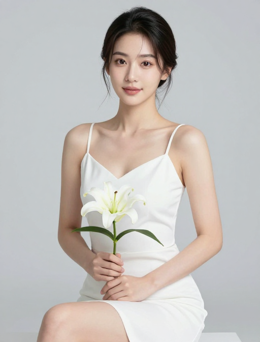 亚洲女性持白百合优雅婚纱风格摄影