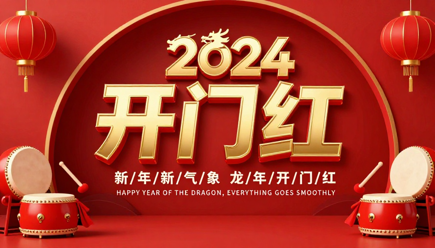 立体金色‘开门红’龙年新年海报，喜庆中国风设计