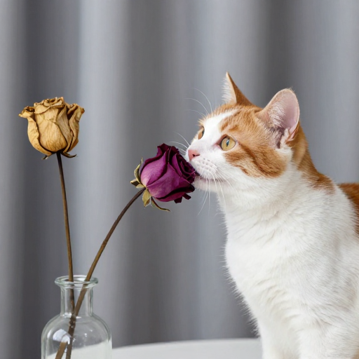 橘猫轻吻枯玫瑰:柔光下的温情瞬间