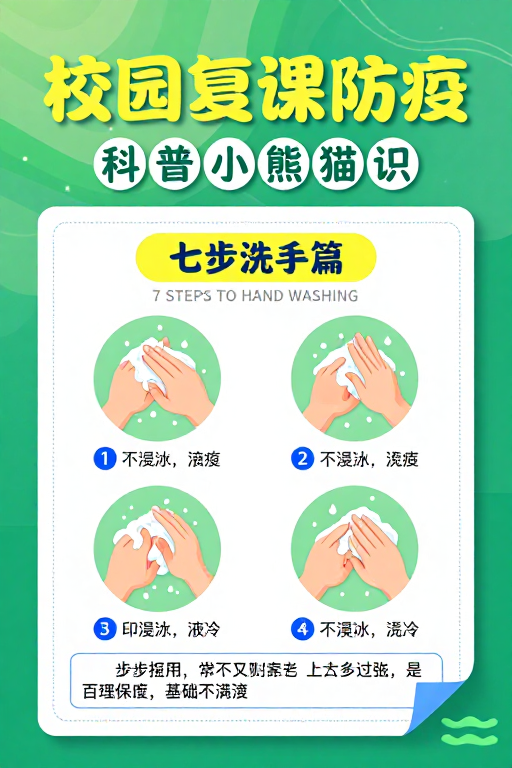清新校园防疫科普海报：七步洗手指南设计