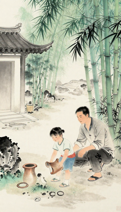 水墨庭院教子图：父子温情互动