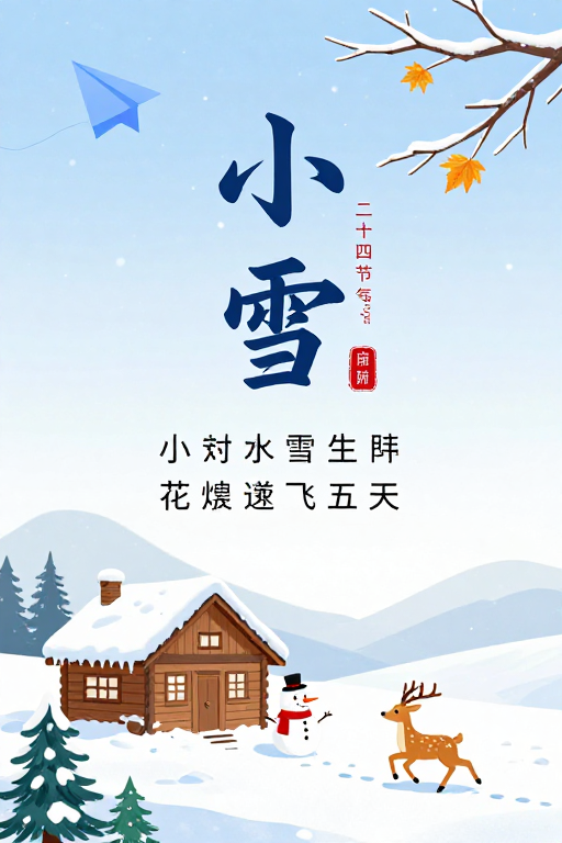 小雪节气诗意海报：淡雅冬日与童趣插画融合