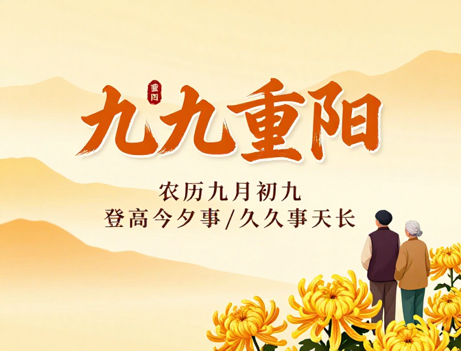 暖色中国风重阳海报，书法意境秋景情浓