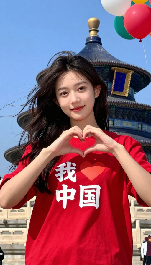 红衣少女心形手势：北京天坛下的国庆爱恋