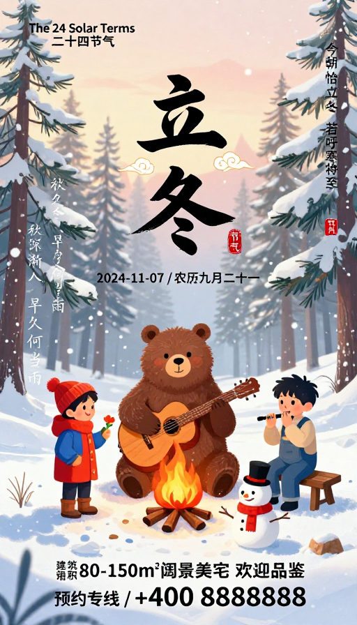 立冬暖冬插画海报:冬日暖阳与童趣共绘