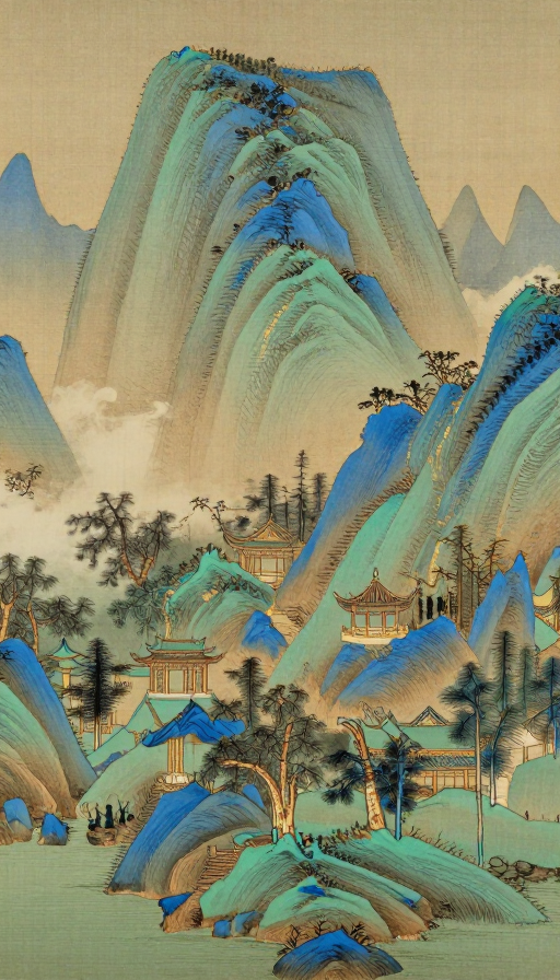 蓝绿工笔山水:金色山线与精致亭台楼阁