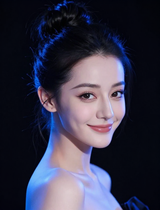 真实摄影：高挑美女的优雅与俏皮，蓝光光影下的电影感肖像