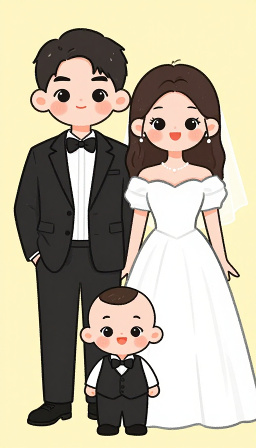 温馨卡通家庭:夫妻携子女欢乐时光