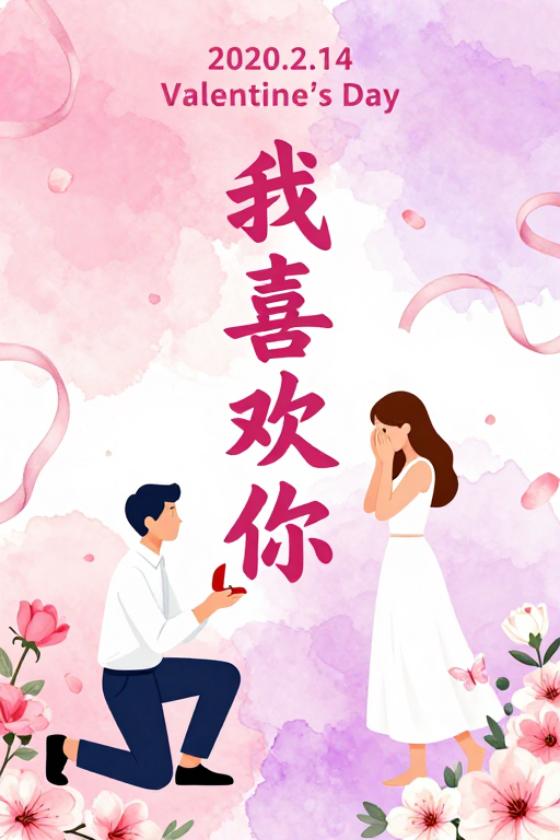 浪漫情人节表白插画：粉色梦幻水彩风