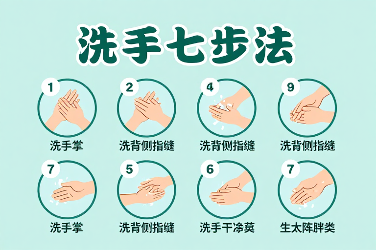清新简约洗手七步法健康科普海报